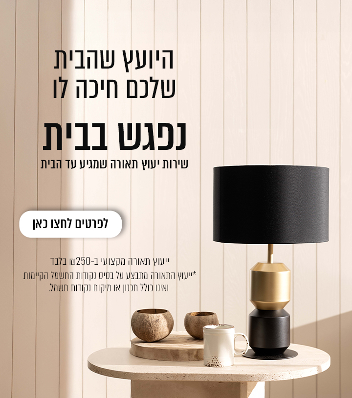 ניפגש בבית | יועץ תאורה שמגיע לבית הלקוח בעלות 250 ₪ | ייעוץ התאורה מתבצע על בסיס נקודות החשמל הקיימות ואינו כולל תכנון או מיקום נקודות חשמל.